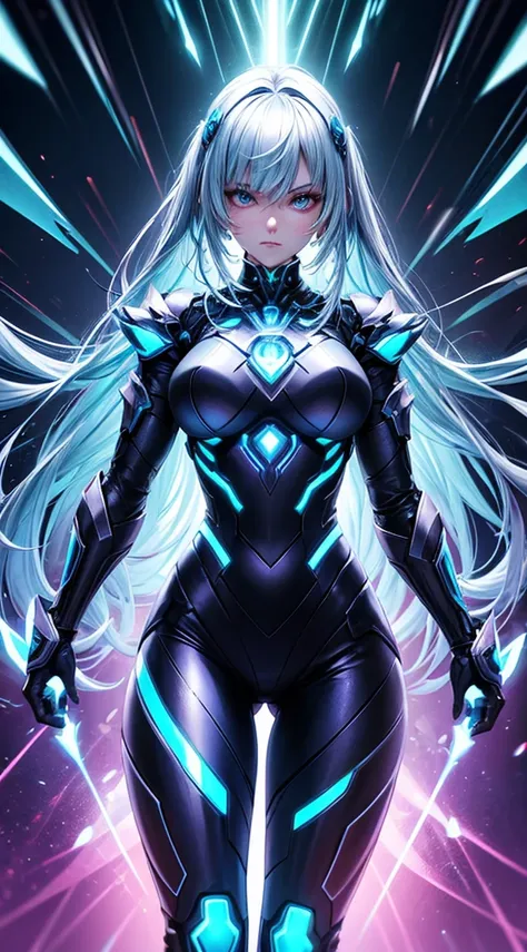 A female cyber-warrior encased in a suit of living fractals and glowing nanotechnology, wielding energy-infused weapons, standing within a virtual arena pulsating with vibrant, fluctuating geometric patterns.