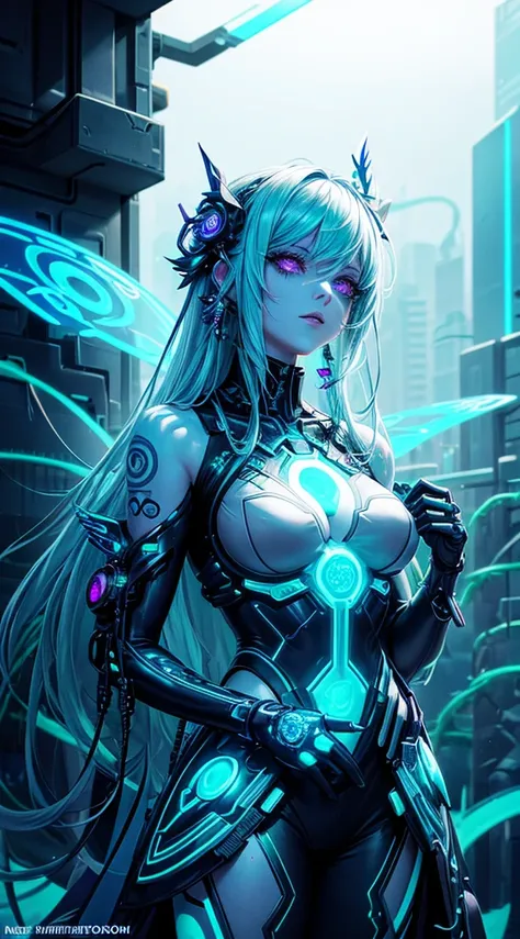 A cyberpunk-inspired goddess merging technology and nature, her body adorned with bioluminescent tattoos, circuits intertwining with vines, and a neural interface glowing beneath her skin, overlooking a cityscape blending neon lights with organic elements.