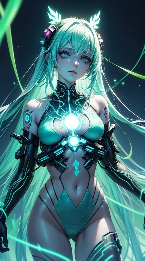 A cyberpunk-inspired goddess merging technology and nature, her body adorned with bioluminescent tattoos, circuits intertwining with vines, and a neural interface glowing beneath her skin, overlooking a cityscape blending neon lights with organic elements.