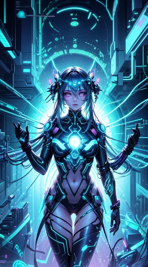 A cyberpunk-inspired goddess merging technology and nature, her body adorned with bioluminescent tattoos, circuits intertwining with vines, and a neural interface glowing beneath her skin, overlooking a cityscape blending neon lights with organic elements.