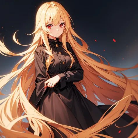 1 gir,long flowing wavy golden blond hair,red eyes,wearing a black dress