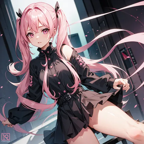 1 girl,pink hair(pig tails),wearing a black dress,pink eyes