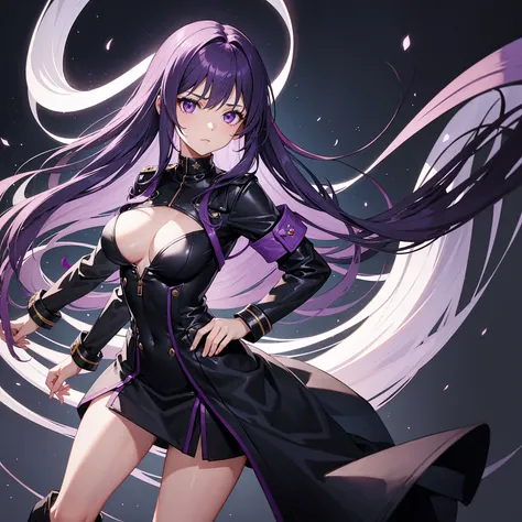 1girl,long purple hair,purple eyes,wearing a black military outfit,full body,medium sized breasts