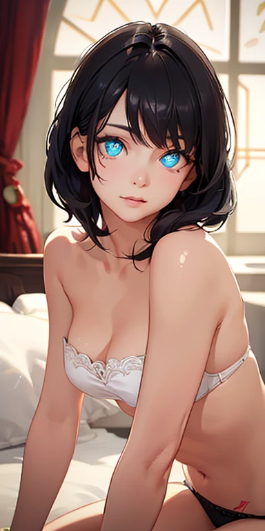 baby face, small breasts, short black hair,messy hair, (photorealistic:1.4), (masterpiece, sidelights, exquisite beautiful eyes: 1.5), masterpiece*portrait, realistic, 3D face,kawaii face,front view: 1.5、 (glowing eyes:1.5),(tareme:1.5)、Rosy Mouth,Slim Bod...