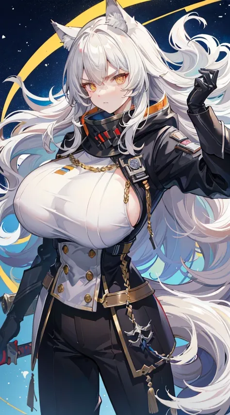 (best quality, masterpiece:1.2), backlit lighting, extremely detailed background,de pele branca, Massive, muscular girl, Kaiju, aggressive, Proud,long, wavy white hair,Long dark blue coat,very very gigantic boobs,muffler,Wolf Girl,Golden decoration,big tai...