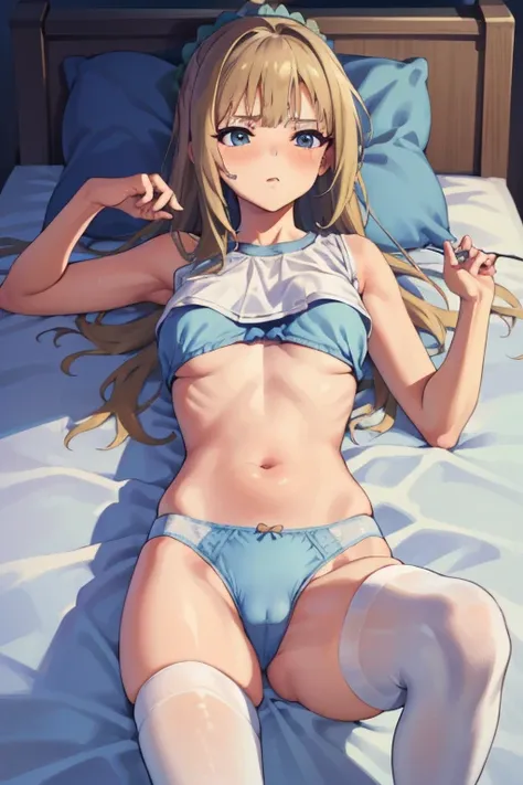 (Masterpiece, Photorealistic, high resolution), ((1girll):1.2), teenage girl, (tankTop bra, Blue Laces underwear (medium of breast):1.2, thighs), Lying on the bed, Blue Dolphin panty, Sexy figure, Intensely blushing. Lying on bed, Cameltoe, Stockings, Hot ...