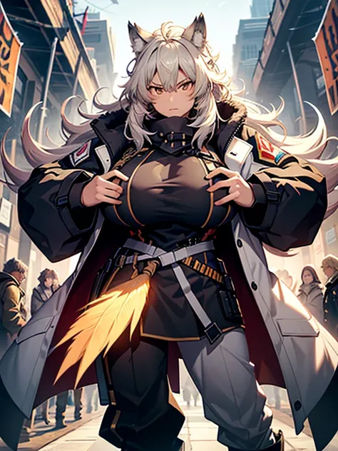 (best quality, masterpiece:1.2), backlit lighting, extremely detailed background,,de pele branca, Massive, muscular girl, Kaiju, aggressive, Proud,long, wavy white hair,Long dark blue coat,very very gigantic boobs,muffler,Wolf Girl,Golden decoration,big ta...