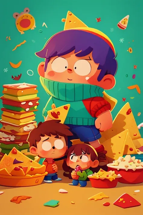 cartoon illustration of a group of South Park eat Nacho in the blood, colorful kids book illustration, colorful illustration, winter swimming party, TV Show illustration, cute illustration, childrens art in artstation, 2. 5 d illustration, kids book illust...