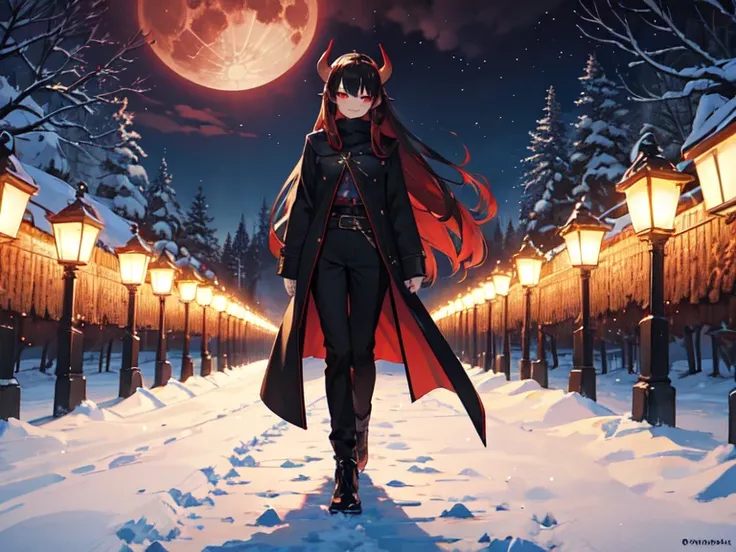 Masterpiece, best quality, 1 demon girl, black horns, red eyes, Brown long hair, pretty, wear black coat, pants, Brown monk shoes, smile, walking, Night, Stars in the sky, Full Moon, Winter, snow in the land, snowwing, in the forest