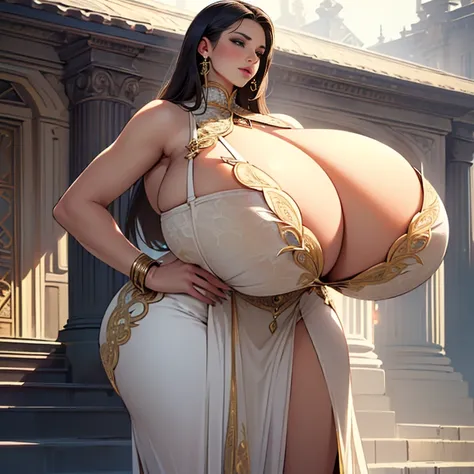 (Masterpiece, best quality, highres, intricate details:1.5), european woman, (colossal breasts:1.4), (breast expansion:1.3), (bursting breasts:1.3), (thin, slender body:1.2), (detailed, beautiful face:1.2), (gigantic ass:1.2), expensive dress, tight strech...