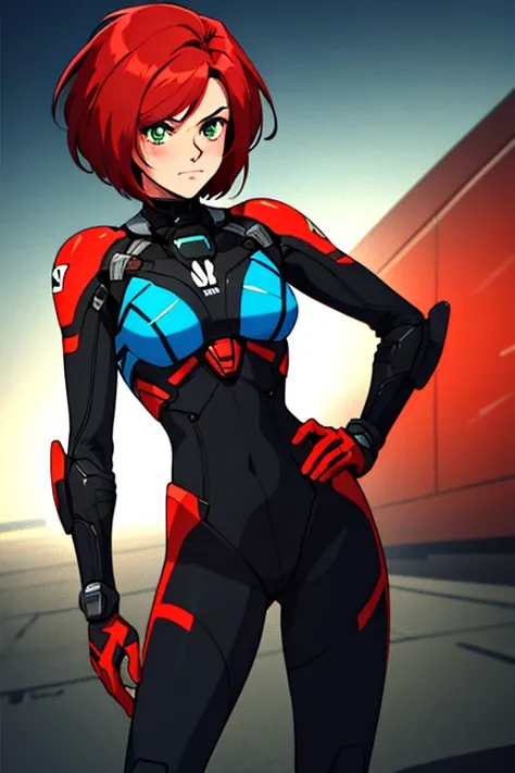 masterpiece, best quality, 1990s_(style), retro anime, 1girl, cowboy shot, Jane Shepard, FemShep, short hair, red hair, green eyes, black power armor, N7, full body portrait