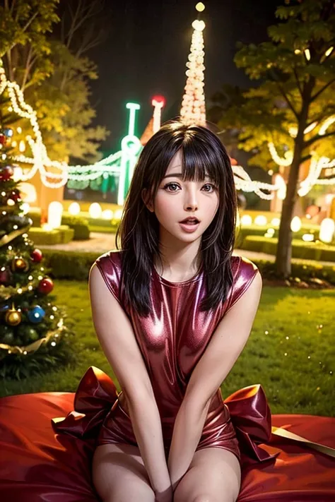 a park in the middle of the city full of christmas lights with a christmas tree, there are gift boxes wrapped in red paper with ...