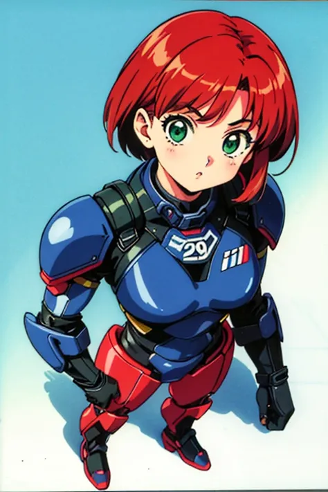 retro artstyle, 1990s (style), 1990s anime cels style, best quality, ultra-detailed, high resolution, 1girl, solo,Jane Shepard, FemShep, short hair, red hair, green eyes, black power armor, N7, full body portrait