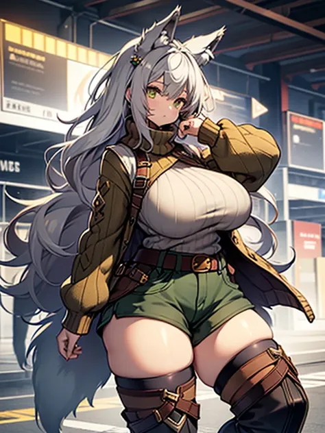 knitted sweater、Sleeveless、turtle neck、Green clothes、Brown Long Hair、Wolf Girl、Colossal tits、thick thighs、shortpants、knee sox、garterbelts、long boots、venusbody,big butts,Wolf ears、Wolfs tail