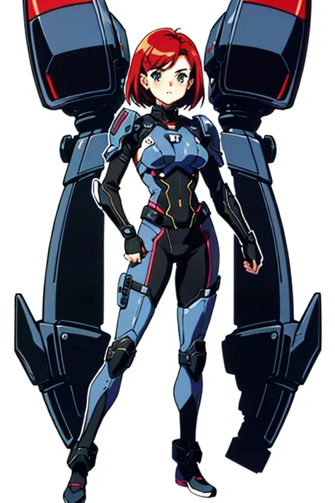 retro artstyle, 1990s (style), 1990s anime cels style, best quality, ultra-detailed, high resolution, 1girl, solo,Jane Shepard, FemShep, short hair, red hair, green eyes, black power armor, N7, full body portrait