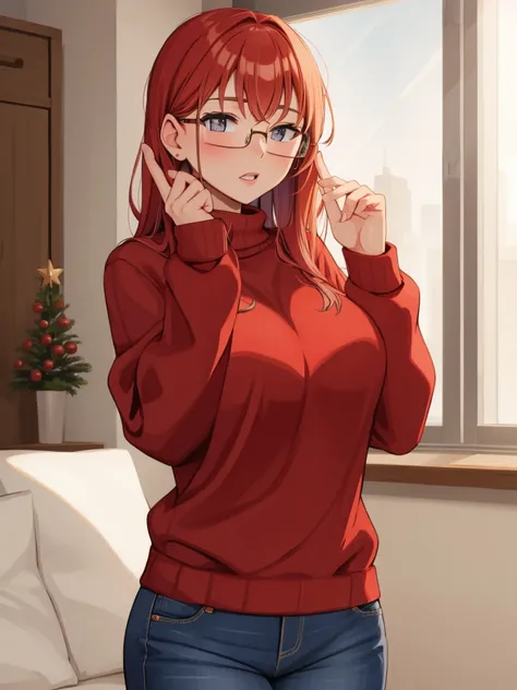 red head, glasses, christmas sweater, christmas jumper, jeans, mom