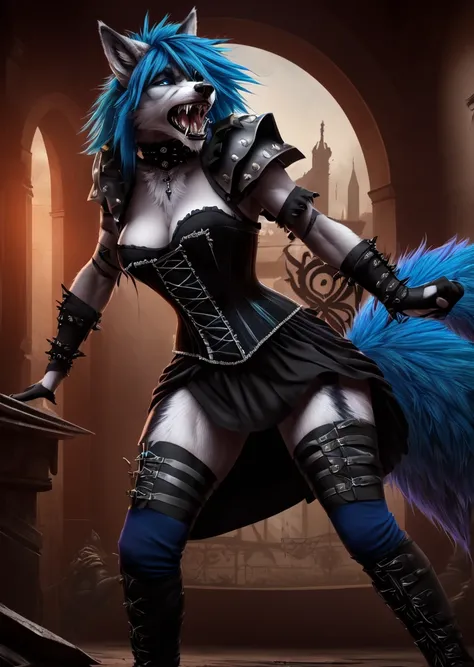 ((best quality, masterpiece, 4k, 8k, high res)), ((Solo)), ((vicious, extremely violent, attacking, fighting)), ((furry; Anthro Wolf)), moist, blue hair, attacking, ferocious, fangs, full body, female werewolf, sexy, vibrant colors, (edgy punk hairstyle), ...