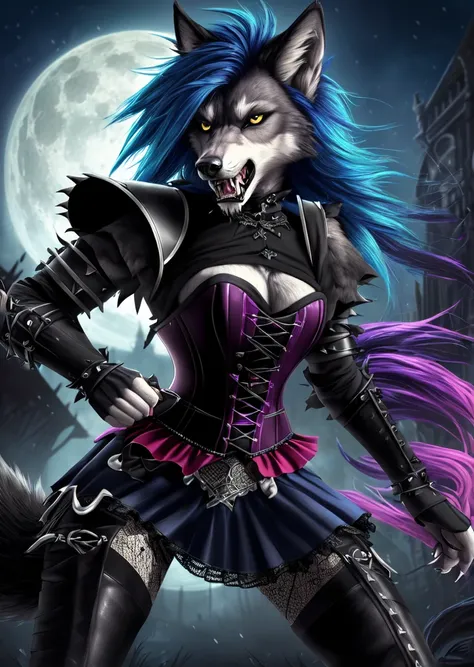 ((best quality, masterpiece, 4k, 8k, high res)), ((Solo)), ((vicious, extremely violent, attacking, fighting)), ((furry; Anthro Wolf)), moist, blue hair, attacking, ferocious, fangs, full body, female werewolf, sexy, vibrant colors, (edgy punk hairstyle), ...