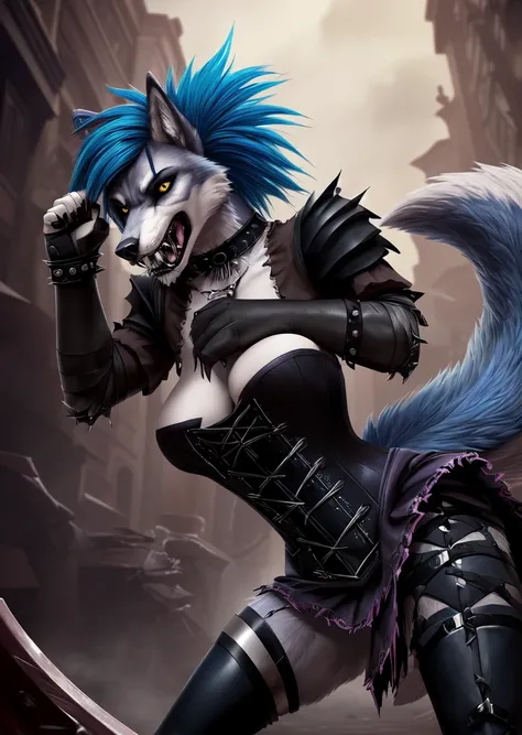 ((best quality, masterpiece, 4k, 8k, high res)), ((Solo)), ((vicious, extremely violent, attacking, fighting)), ((furry; Anthro Wolf)), moist, blue hair, attacking, ferocious, fangs, full body, female werewolf, sexy, vibrant colors, (edgy punk hairstyle), ...