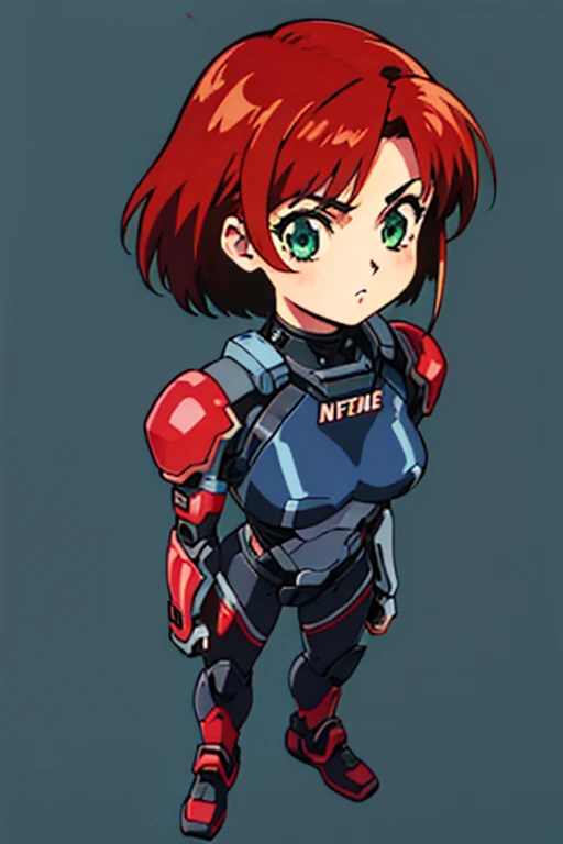 retro artstyle, 1990s (style), 1990s anime cels style, best quality, ultra-detailed, high resolution, 1girl, solo,Jane Shepard, FemShep, short hair, red hair, green eyes, black power armor, N7, full body portrait