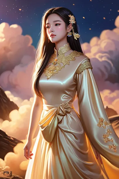 Thai Girl, 20 age, Long hair in a shiny ponytail, Has a strikingly beautiful face. In a light white Thai dress inside On the outside, he wore white and gold armor.., holding a Thai pattern sword, moving like the wind........... Standing on a cloud of peach...