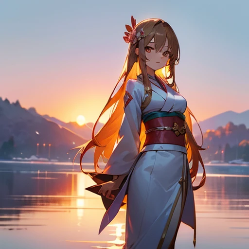 asuna, masterpiece, best quality, detailed, (1girl), solo, detailed golden eyes, long hair, standing, close to viewer, (detailed kimono), light smile, medium breasts,  (arms behind back), water, sunset, (hair ornament), (Sakura bloom),  snow mountain lake ...