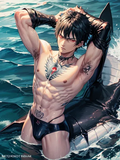 Crie um personagem de 1,76 who has black hair and a cut like Dante if Devil May Cry who has the body of the Garou from One Punch Man and a tattoo on his neck and who has dark brown eyes, looking like a delinquent in the sea swimming next to a great white s...