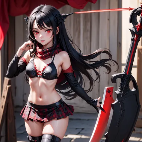 beautiful gothic cute girl, brilliant red eyes, black bikini armor, red short tartan skirt, long black hair, sword, red scarf, kneesocks, dragon background