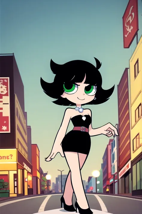 1 girl, solo, a powerpuff girl named buttercup, short black hair, bob cut, medium hair, green eyes, in a little black dress, sho...