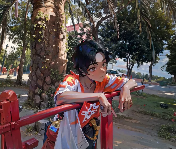 boy leaning on a red metal bar in a park, loli, en un parque, lindo chico emo, peruvian boy looking, boy has short black hair, 1...