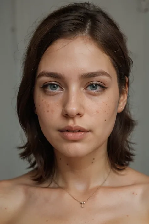 (Please generate an image of a young woman wearing a shirt and necklace. She has brown hair, tanned, colombian, skin brown, ligth freckles, bigger, eBlue eyes, and a subtle, natural makeup. The photo should show that she has no obvious makeup, She should l...