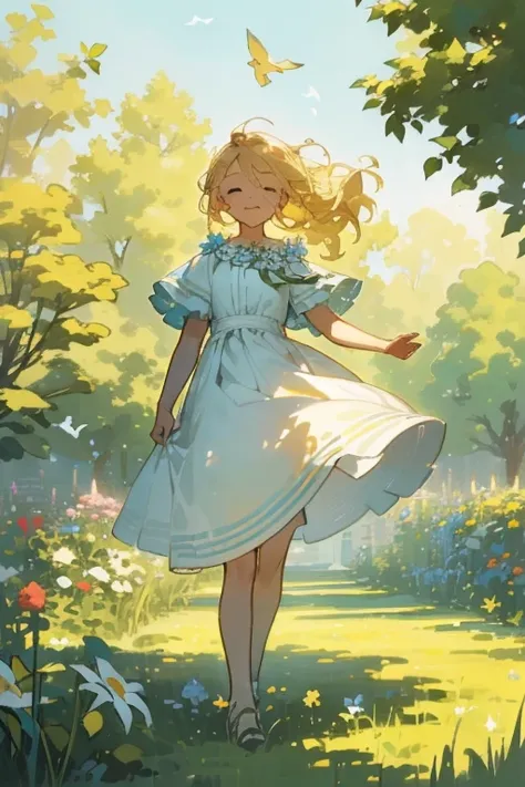 A girl is standing in the garden. She is blonde, her hair flutters in the wind. She has big, blue eyes, and a smile plays on her face. She is dressed in a light dress that flows over her body. The girl stands on the grass, and her feet are buried in its gr...