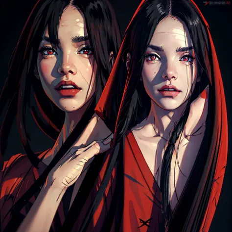 (best quality,ultra-detailed,realistic:1.37),a woman with black hair, red eyes, vampire teeth, wavy and long hair, wearing a kim...