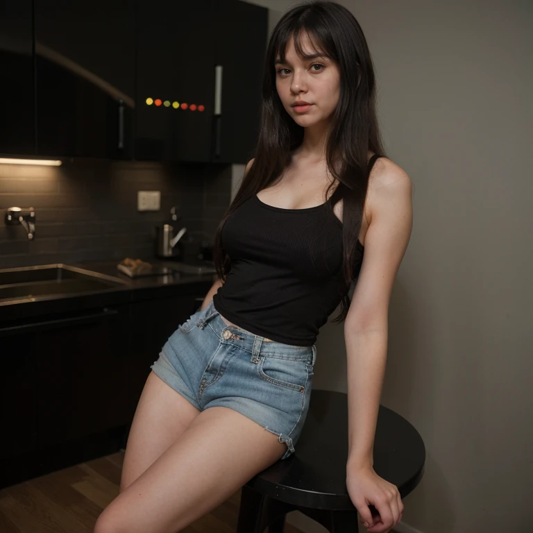 Full body Photo of a pretty young 1girl, wearing tight t-shirt and shorts, big cheeks, very long hair, deep black hair, side-swept bangs, side fring hair, medium size breasts, best quality, realistic, 8k,