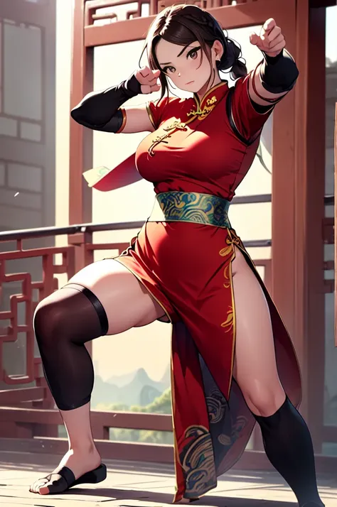 lei kugo live a live, qipao, chinese clothes, traditional clothes, action pose, full body, brown hair, braided hair, scars on face, martial arts, action pose,lei kugo, live a live, (1girl), medium breasts, ((red chinese clothes)), wanderer, traditional clo...