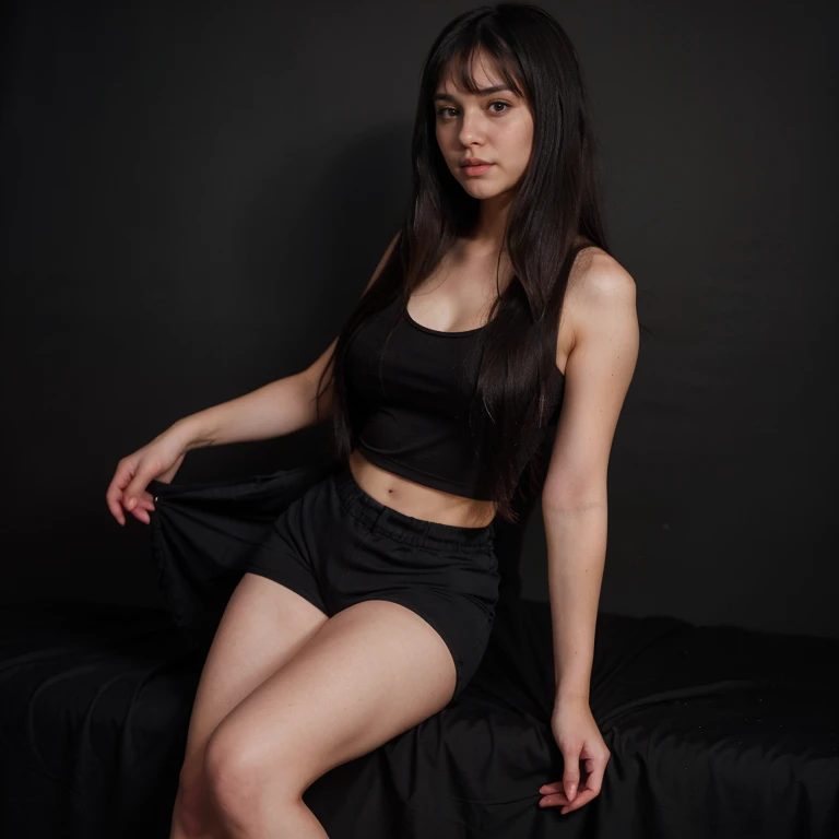 Full body Photo of a pretty young 1girl, wearing tight t-shirt and shorts, big cheeks, very long hair, deep dark black hair, side-swept bangs, side fring hair, medium size breasts, best quality, realistic, 8k,