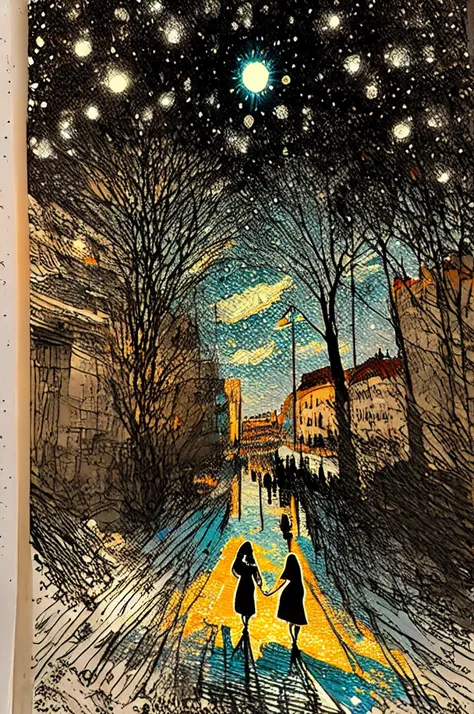 Affiche vectorielle style Van Gogh (quartier du Bairo Alto - Príncipe Real, parc Eduardo VII dans la ville de Lisbonne) en terrasse le soir sur la place de la ville à Lisbonne le soir de Noël avec les décorations de Noël ; peinture naturalisme impressionni...