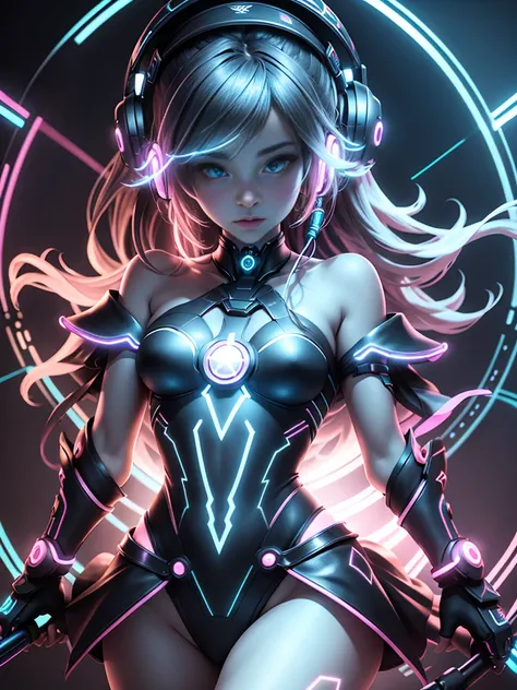 beautiful anima girl wearing headphones neon lasers in background ultra HD realistic quality