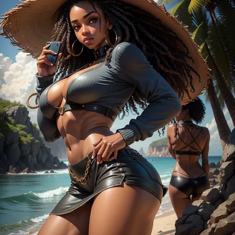 Photo of perfect and realistic black woman with perfect and detailed face, afro hair and sexy look, western black eyes, looking at the cell phone, showing the whole body and the ass well detailed, in the beach