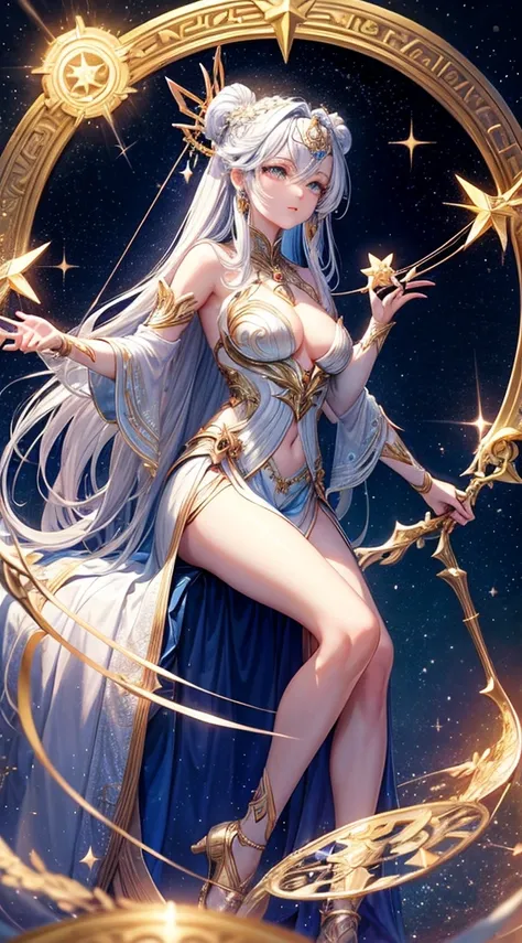 A goddess inspired by the zodiac, blending traits of Artemis and the stars, with silver hair turning into constellations, wielding a bow and surrounded by celestial creatures representing each zodiac sign in a starry dome.