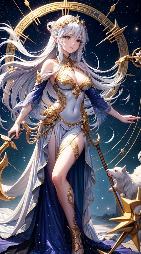 A goddess inspired by the zodiac, blending traits of Artemis and the stars, with silver hair turning into constellations, wielding a bow and surrounded by celestial creatures representing each zodiac sign in a starry dome.