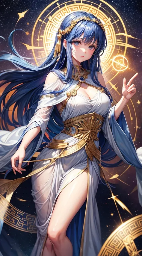 A Greek sibyl, bearer of secrets from past and future, with an oracle composed of celestial runes floating around her, each representing a zodiac sign, while her robe ripples like constellations in the night sky.