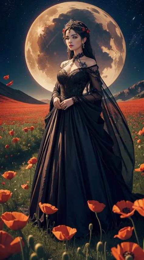 A woman embodying the duality of Persephone, queen of the underworld and maiden of spring, wearing a gown transitioning between darkness and luminescence, surrounded by flowers and astrological symbols in a field of poppies.