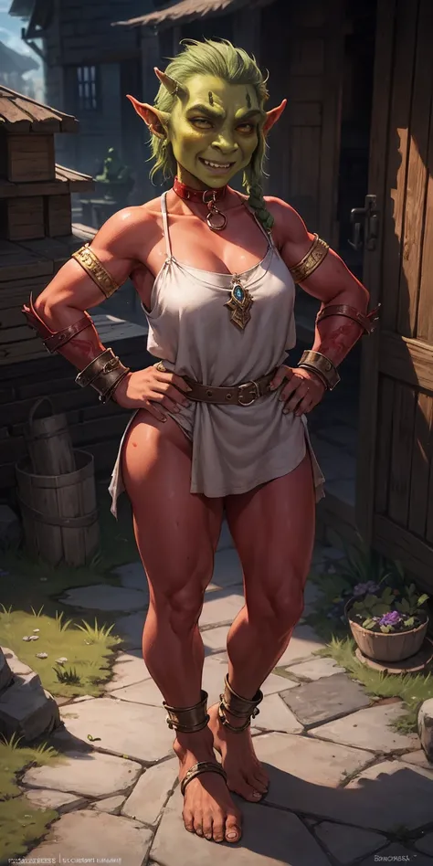 full body, barefoot, Solo, female, (orc, red skin), linen tunic, fantasy village, armor, slave, bracers, shackles, choker, Handcuffs on their hands, With a collar around the neck, hands on hips,