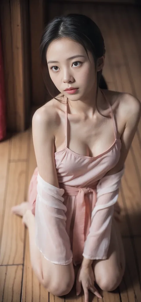 (From a straight above, birds-eye perspective),Realistic Chinese pretty teenage girl,16-years old, pink colour Hanfu, erotic, small breast,greasy, knelt on the floor, eye gazing up to the camera, with sweat on body, sweat body, sweat breasts, waiting for p...