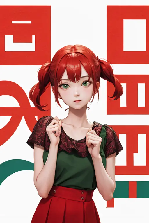 (masterpiece, best quality:1.3), english text, cover, 1girl, upper body, red hair, green dress, looking at viewer,