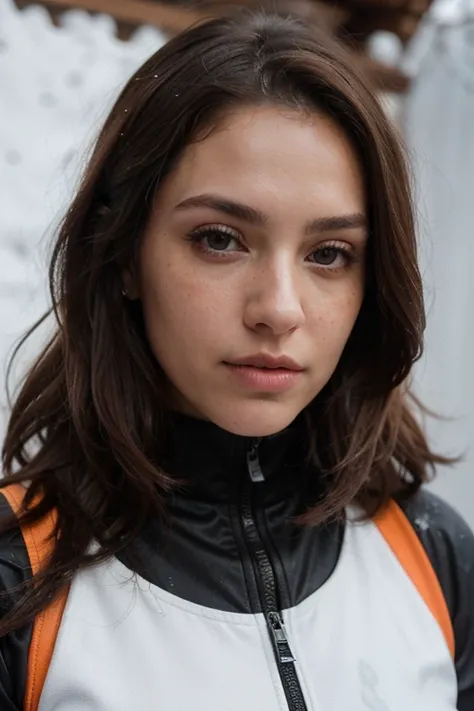 ((best quality)), ((masterpiece)), (detailed), perfect face realistic photo of beautiful woman with long dark brown hair, Russian, influencer, light freckles, dark brown eyes, big lips, no makeup, instagram, in a snow, wearing sexy ski suit