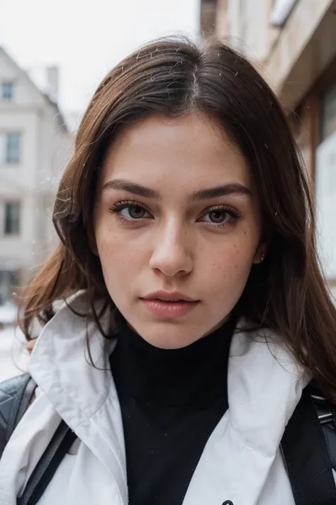 ((best quality)), ((masterpiece)), (detailed), perfect face realistic photo of beautiful woman with long dark brown hair, Russian, influencer, light freckles, dark brown eyes, big lips, no makeup, instagram, in a snow, wearing sexy black ski suit