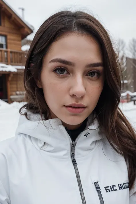 ((best quality)), ((masterpiece)), (detailed), perfect face realistic photo of beautiful woman with long dark brown hair, Russian, influencer, light freckles, dark brown eyes, big lips, no makeup, instagram, in a snow, wearing sexy white ski suit