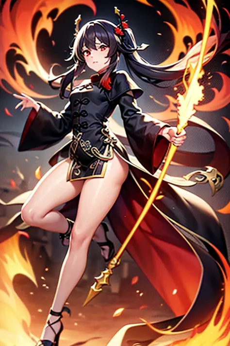 hu tao character, swings a fiery spear, highly detailed, red eyes, twintails, long sleeves, bangs, jewelry , black long armored ...